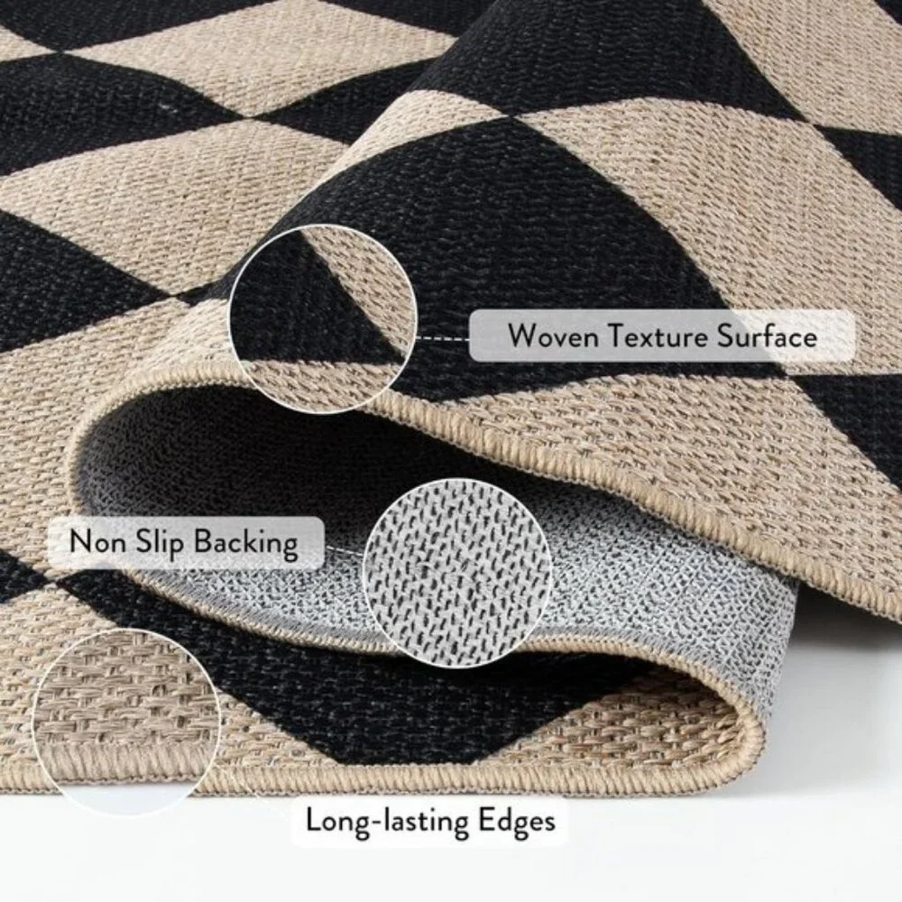 3x5 Checkered Jute Area Rug, Washable Non-Slip Indoor, Outdoor Carpet in Black